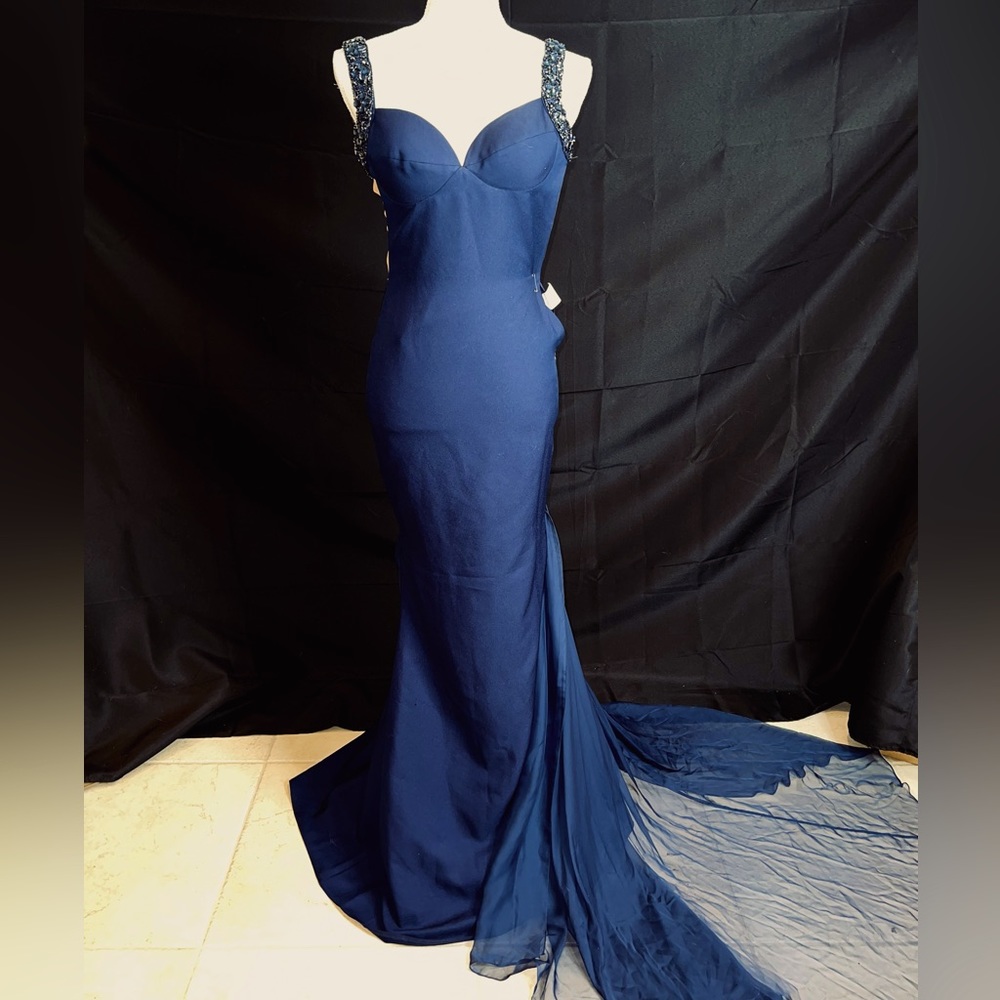 NWT Tarik Ediz Size 2 Mermaid Prom Gown Navy Blue 92504 Bow Beading Formal Dress